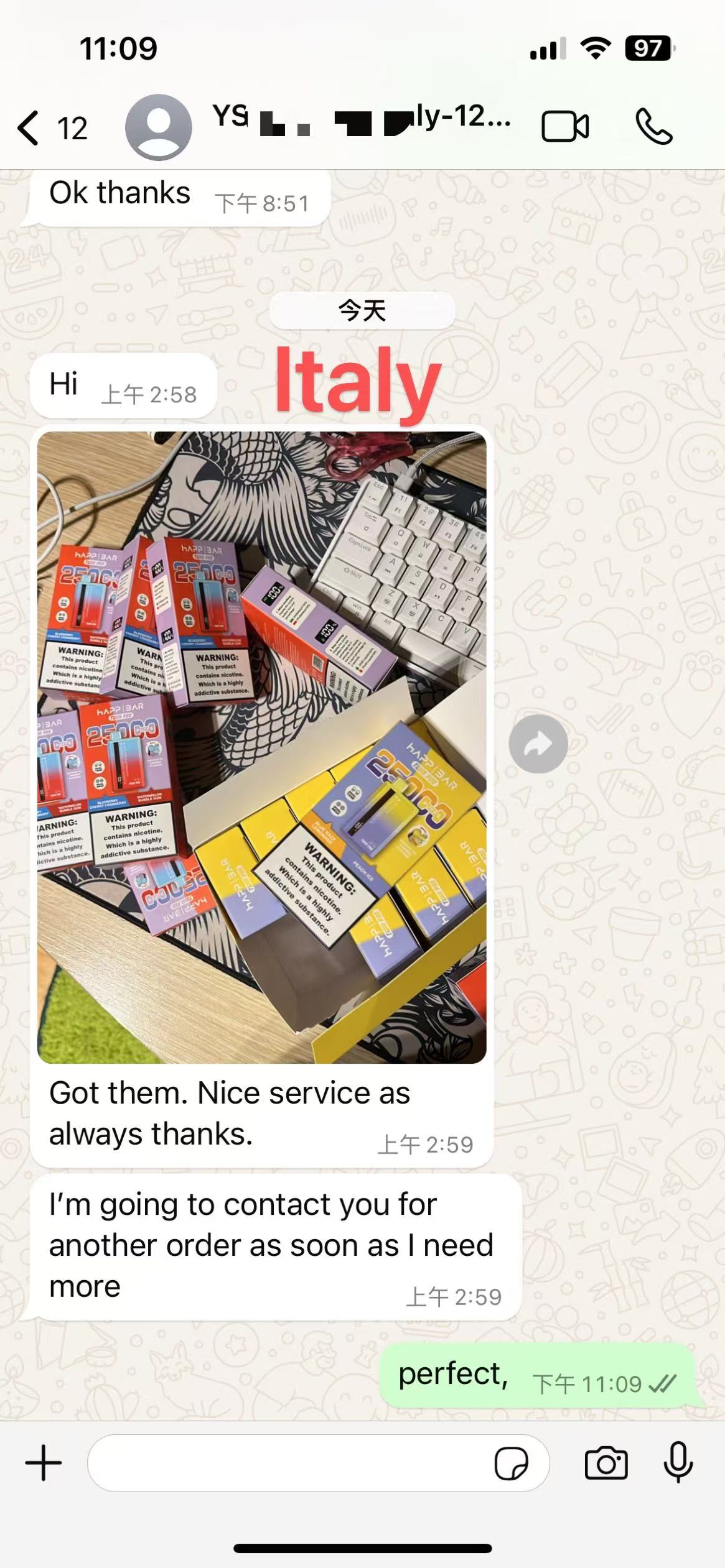 Italy customer delivery - HAPP Bar 25K